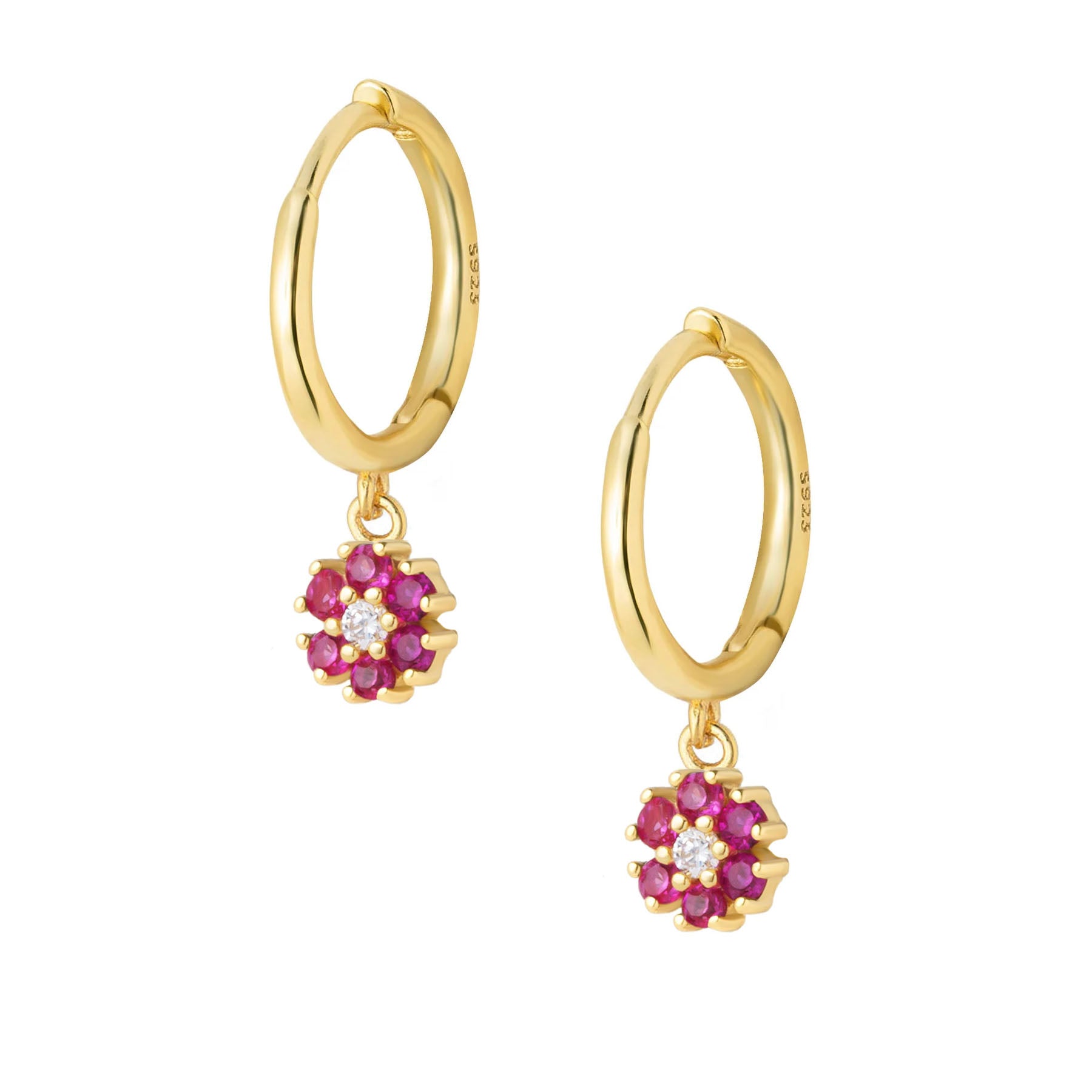 Sterling silver cubic zirconia detailing earring with drop down flower design in gold and pink. Adrianna hoop earrings- Lephoria