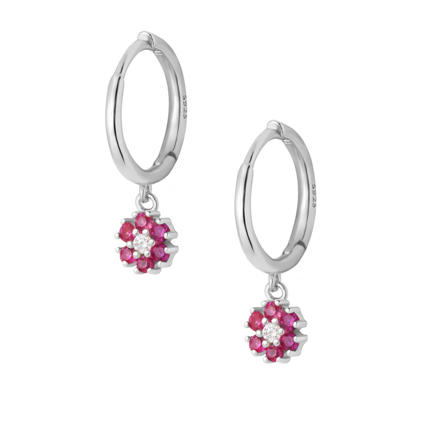 Sterling silver cubic zirconia detailing earring with drop down flower design in silver and pink. Adrianna hoop earrings- Lephoria