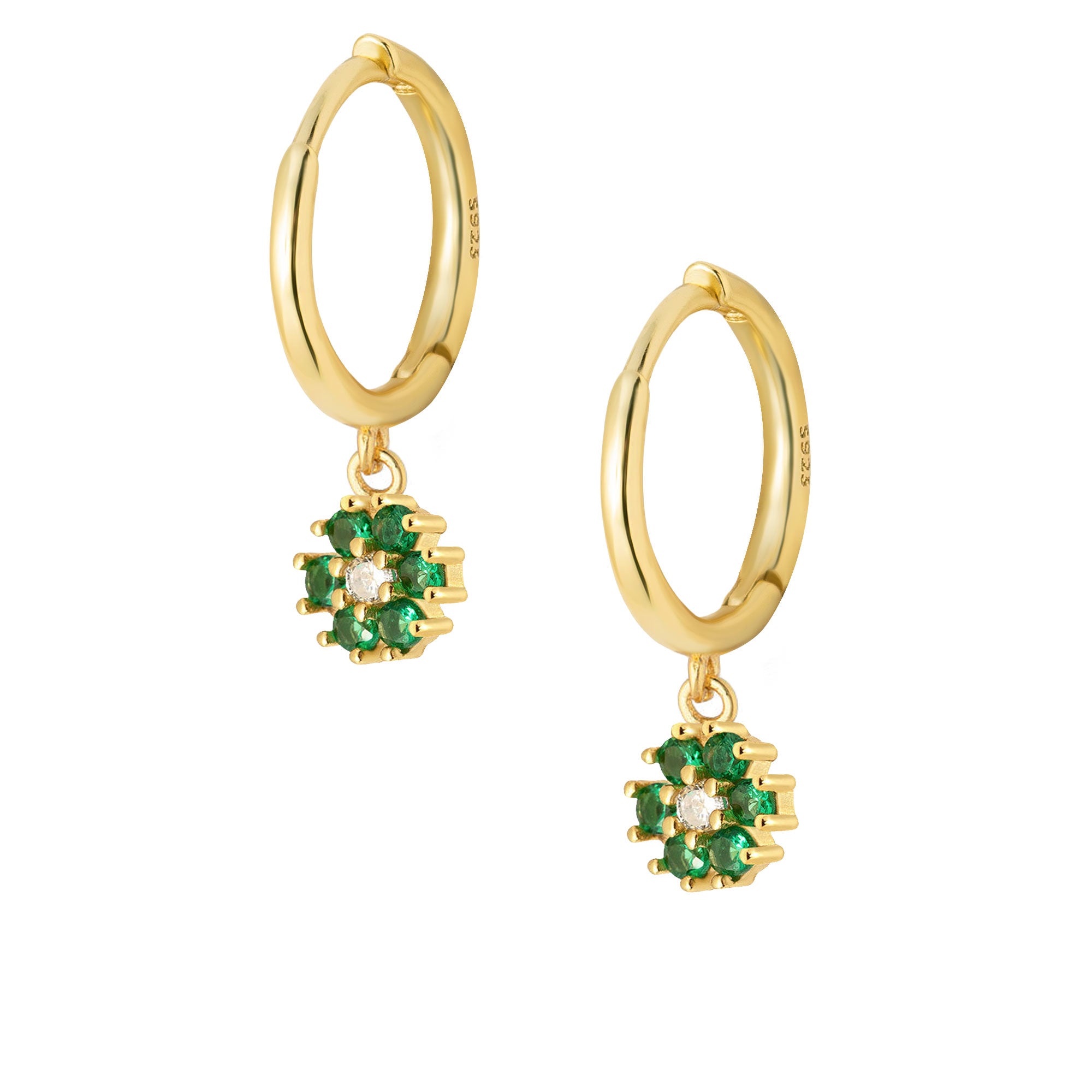 Sterling silver cubic zirconia detailing earring with drop down flower design in gold and green. Adrianna hoop earrings- Lephoria