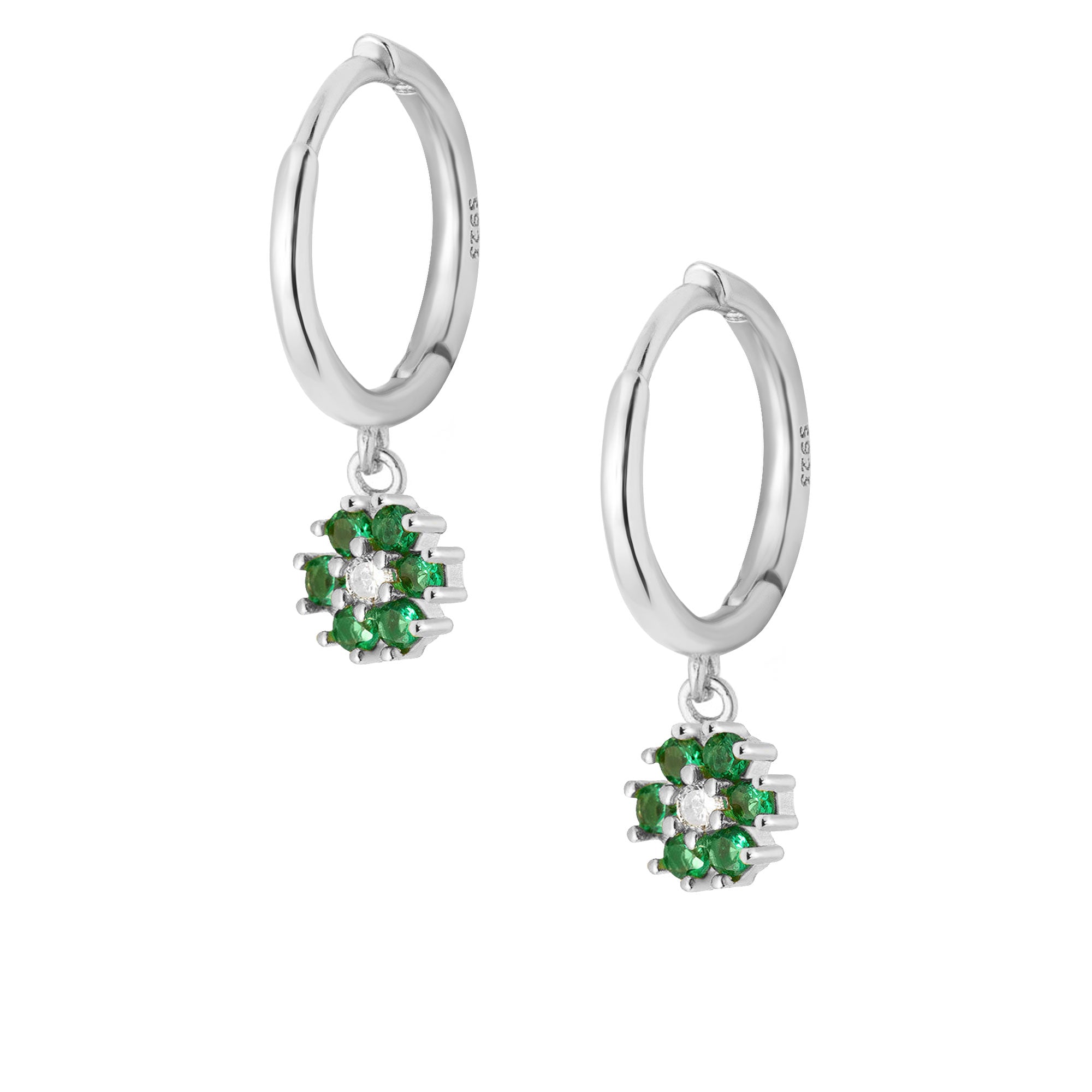Sterling silver cubic zirconia detailing earring with drop down flower design in silver and green. Adrianna hoop earrings- Lephoria