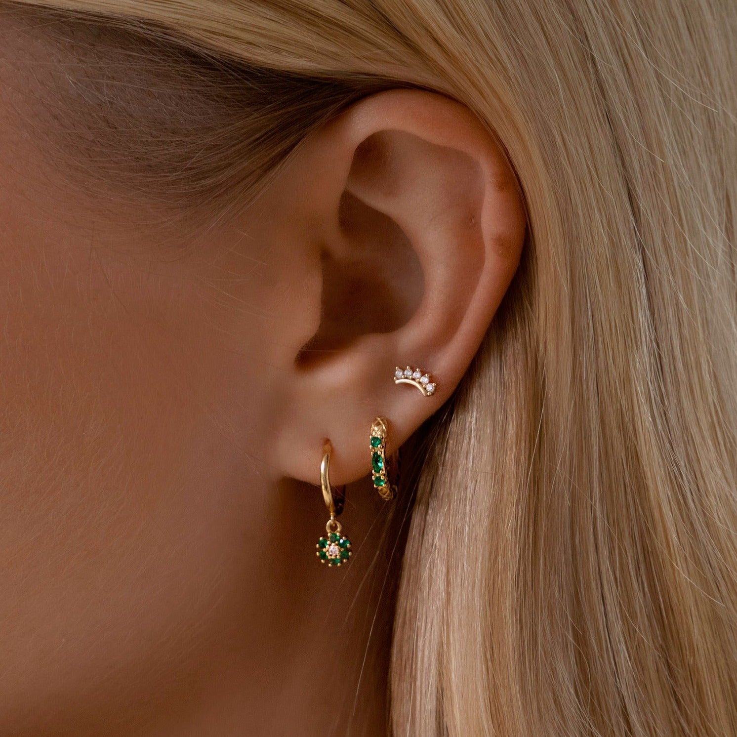 Sterling silver cubic zirconia detailing earring with drop down flower design in gold and green. Adrianna hoop earrings- Lephoria