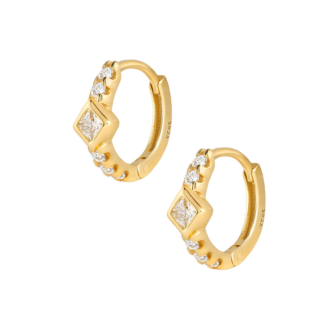 Sterling silver hoops in gold with a diamond shape cubic zirconia and smaller cubic zirconia detailing. Alexia hoop earrings- Lephoria