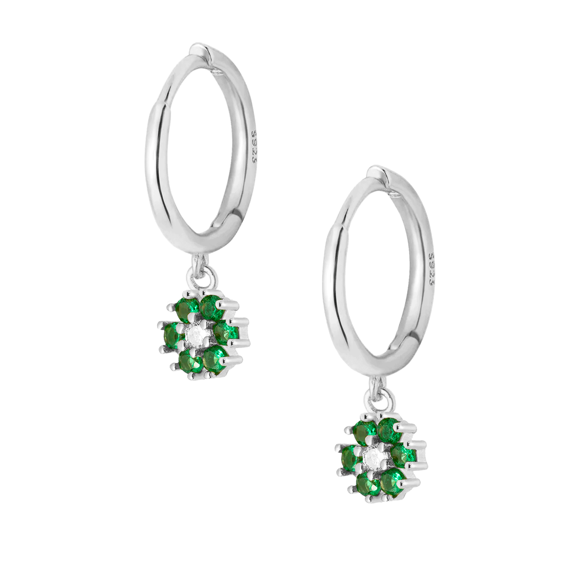 Sterling silver cubic zirconia detailing earring with drop down flower design in silver. Available in different stone colours. Adrianna hoop earrings- Lephoria