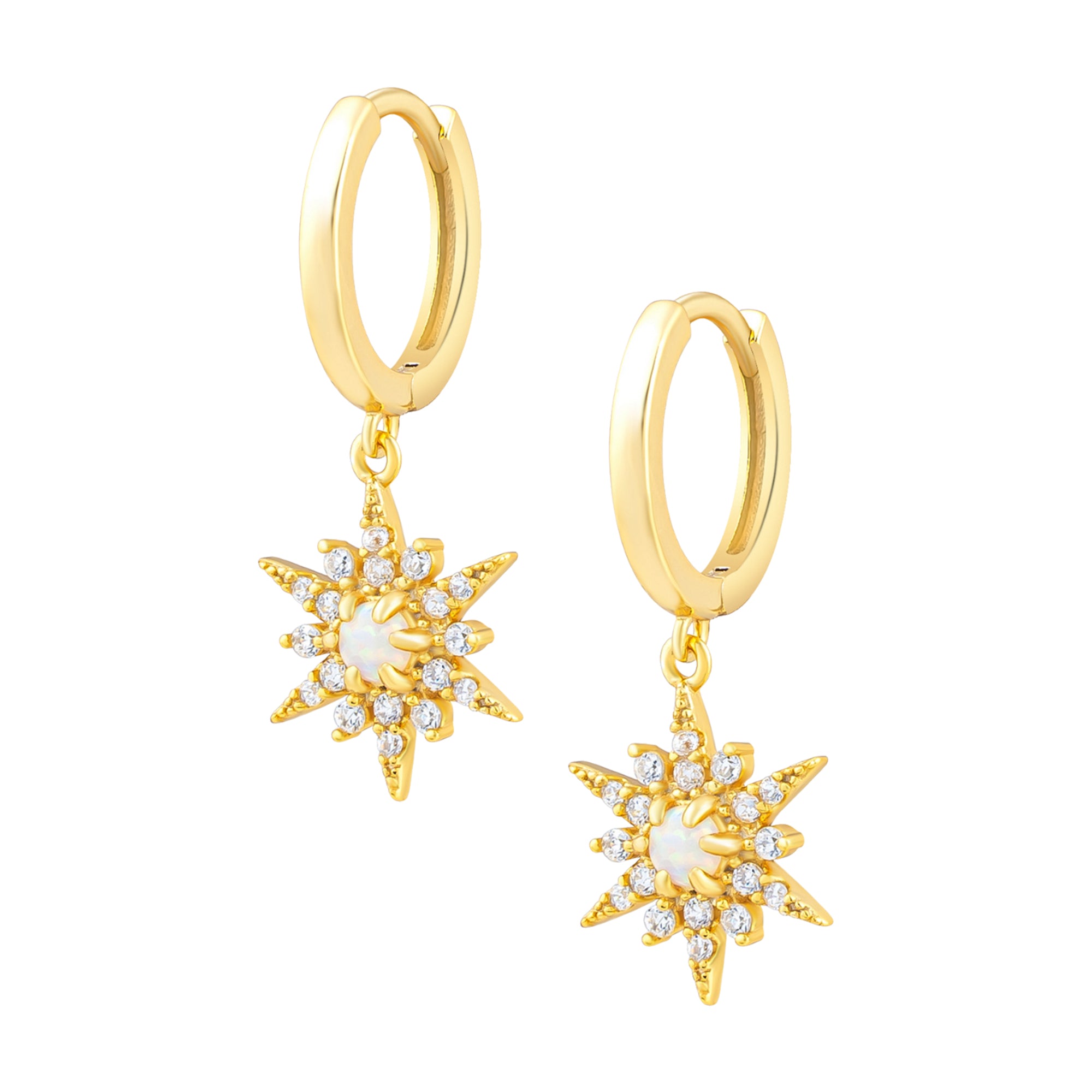 Sterling silver cubic zirconia and opal detailing earrings with drop down Northstar design in gold. Abbie opal hoops- Lephoria