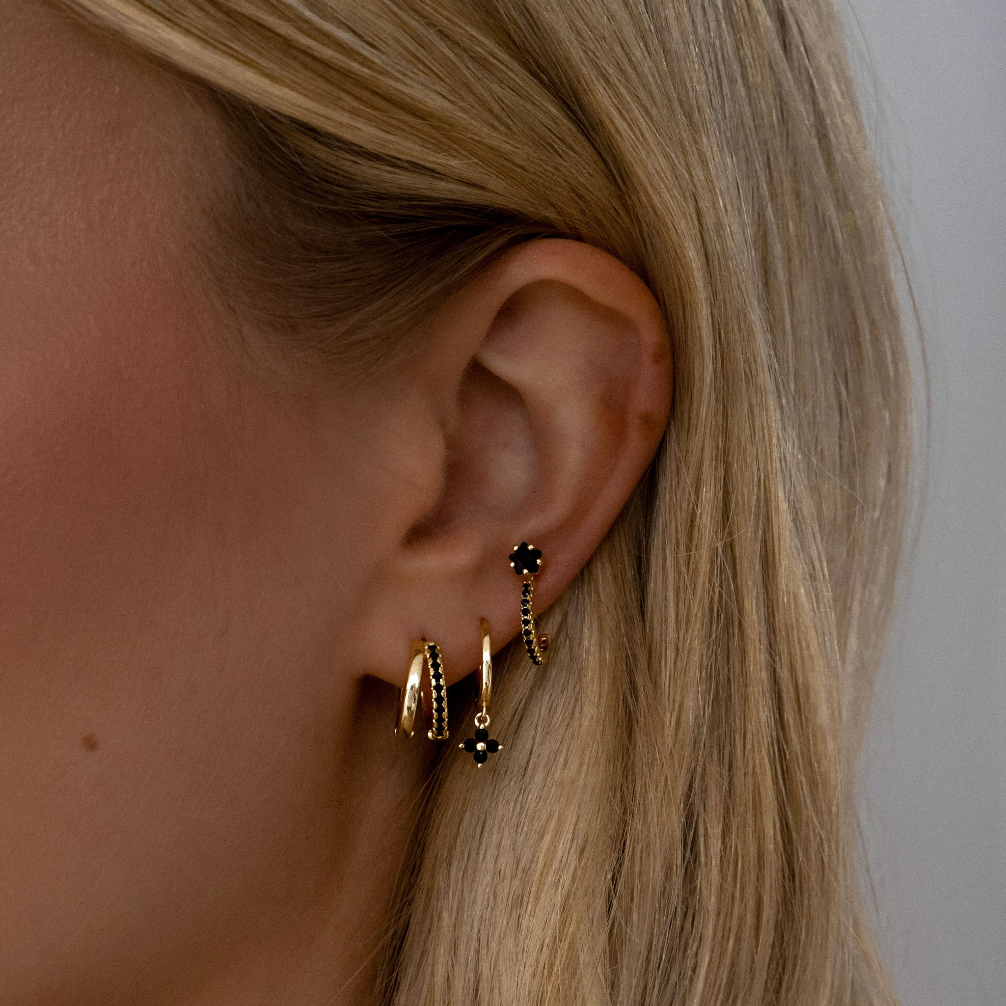 Sterling silver double hoops with cubic zirconia detailing in gold and black. Adelaide hoops- Lephoria