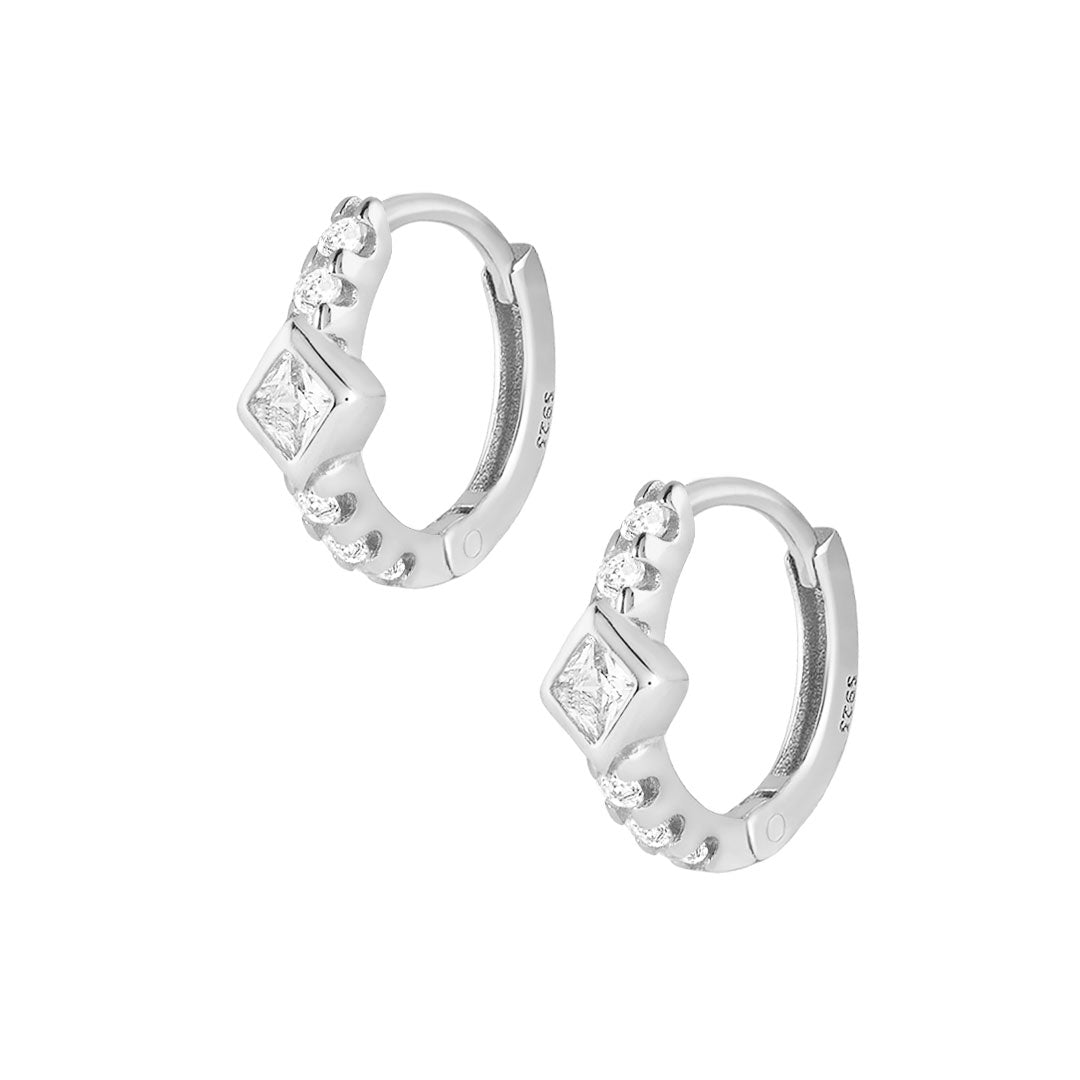 Sterling silver hoops with a diamond shape cubic zirconia and smaller cubic zirconia detailing. Alexia hoop earrings- Lephoria