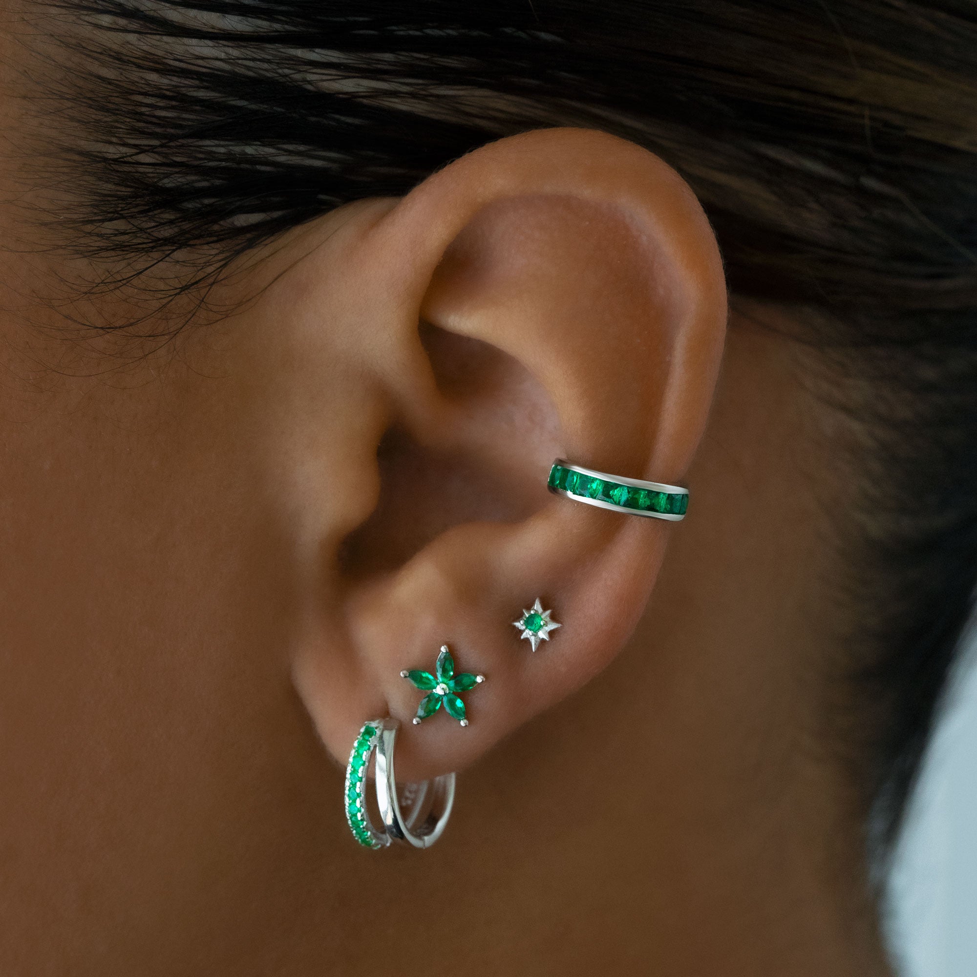 Sterling silver double hoops with cubic zirconia detailing in silver and green. Adelaide hoops- Lephoria 
