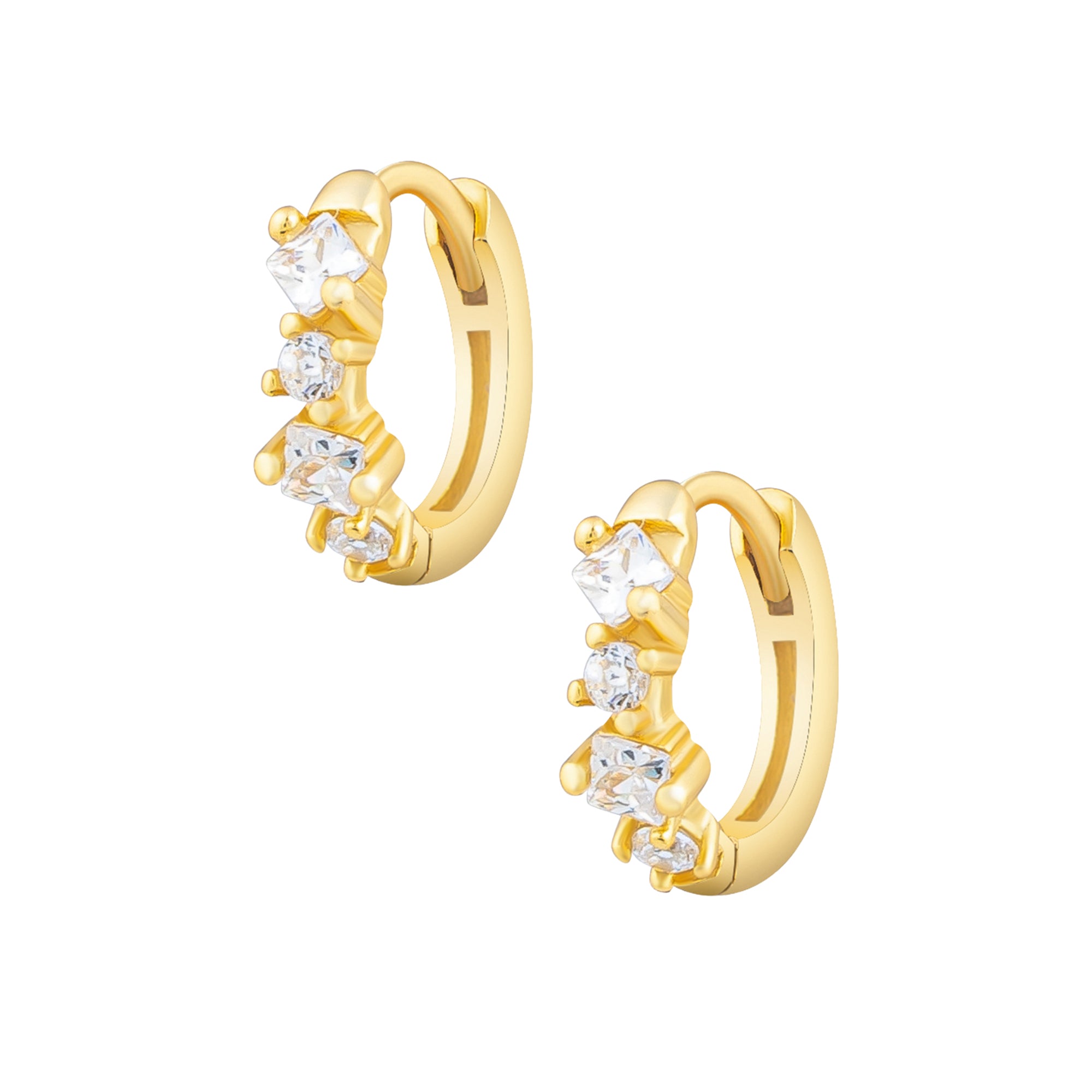 Sterling silver hoops in gold with different size cubic zirconia detailing. Alcudia hoop earrings- Lephoria 