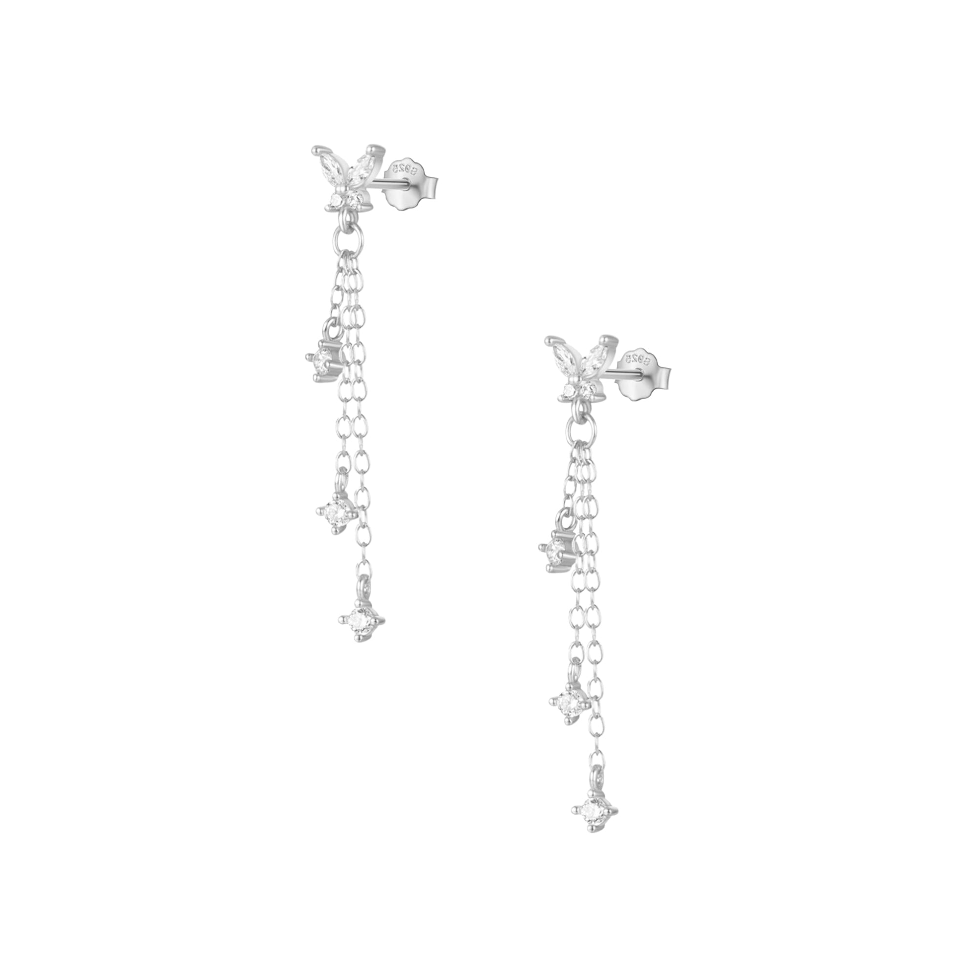 Sterling silver butterfly studs with drop down dainty chain and cubic zirconia detailing. Aire stud earrings- Lephoria