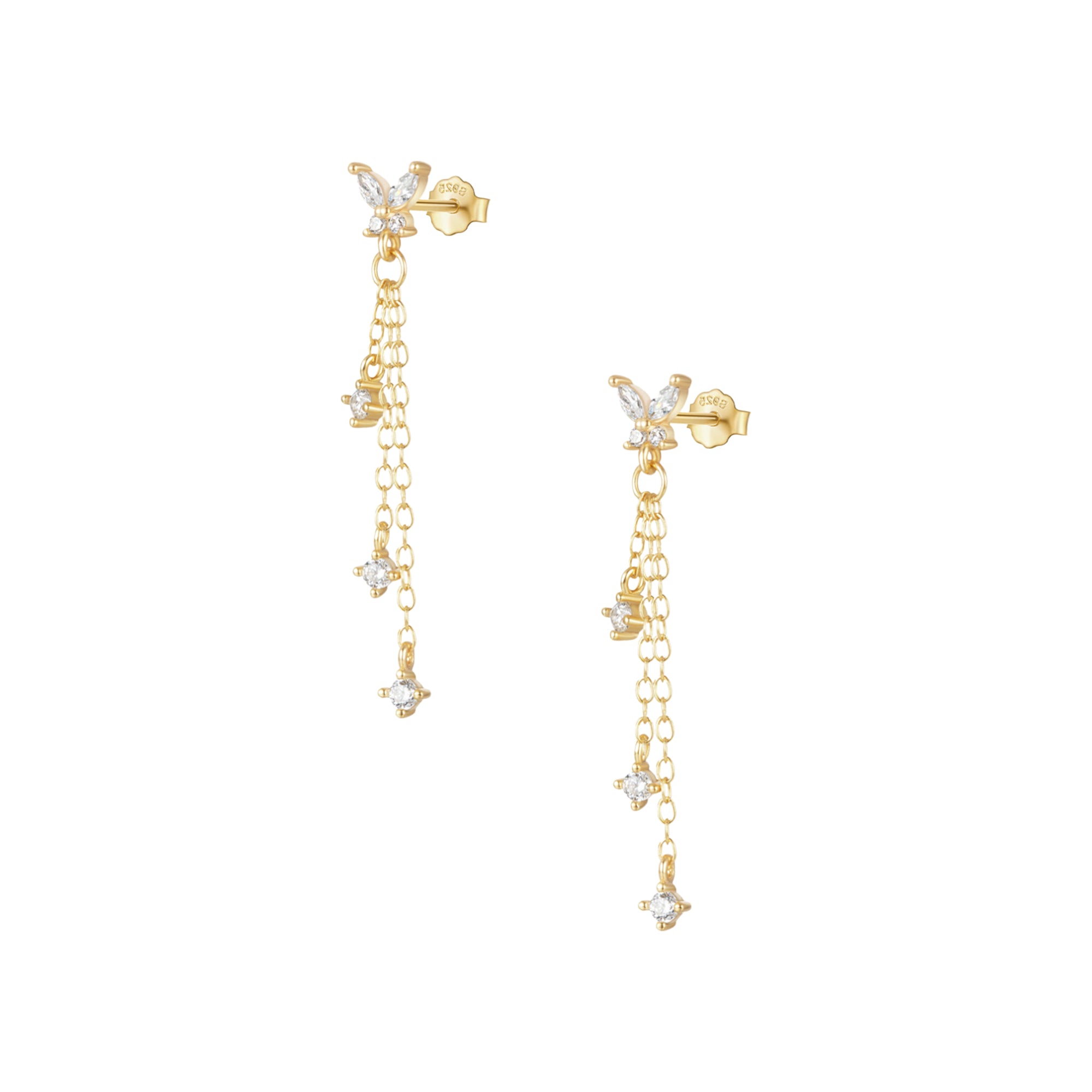 Sterling silver butterfly studs with drop down dainty chain and cubic zirconia detailing in gold. Aire stud earrings- Lephoria