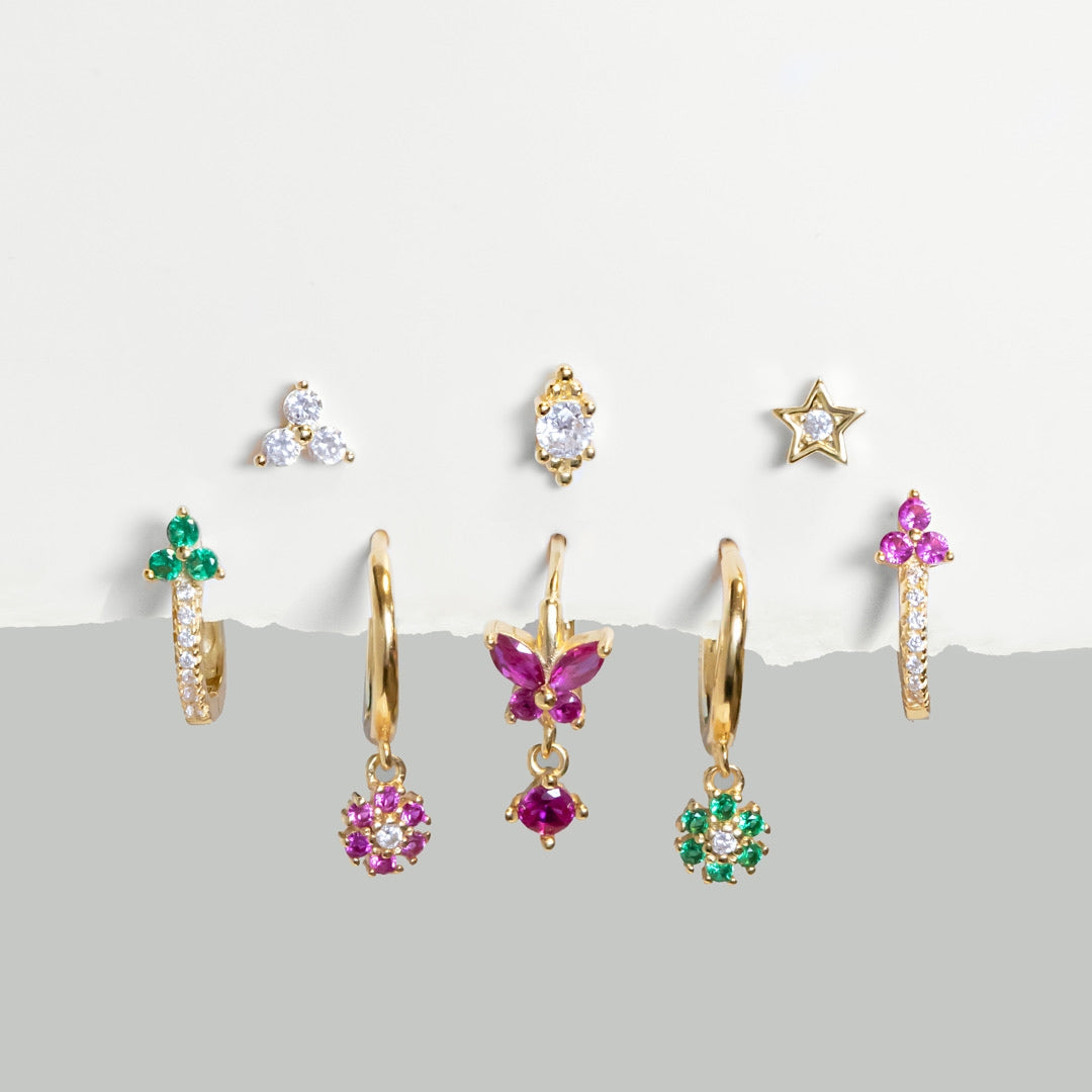Sterling silver cubic zirconia detailing earring with drop down flower design in gold. Adrianna hoop earrings- Lephoria 