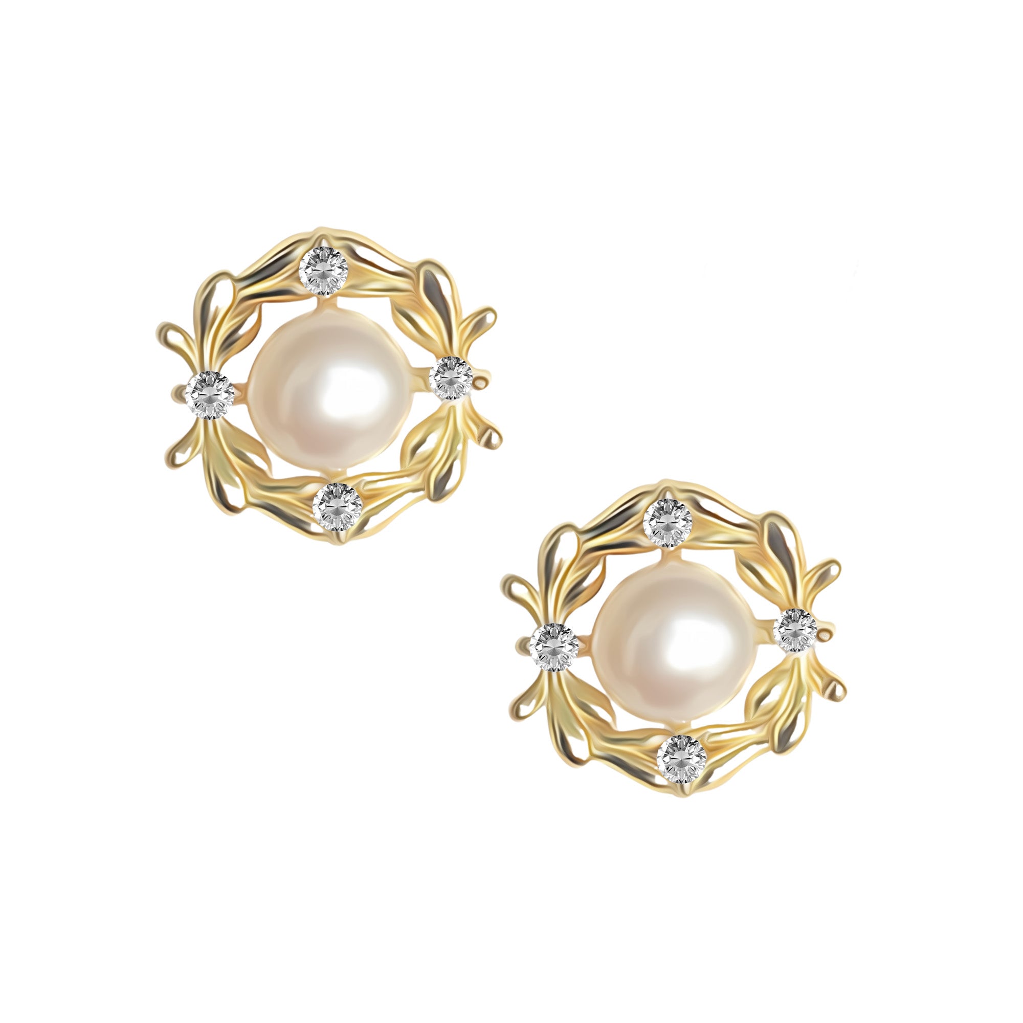 Sterling silver pearl and cubic zirconia detailing studs in gold. Affection pearl stud earrings- Lephoria
