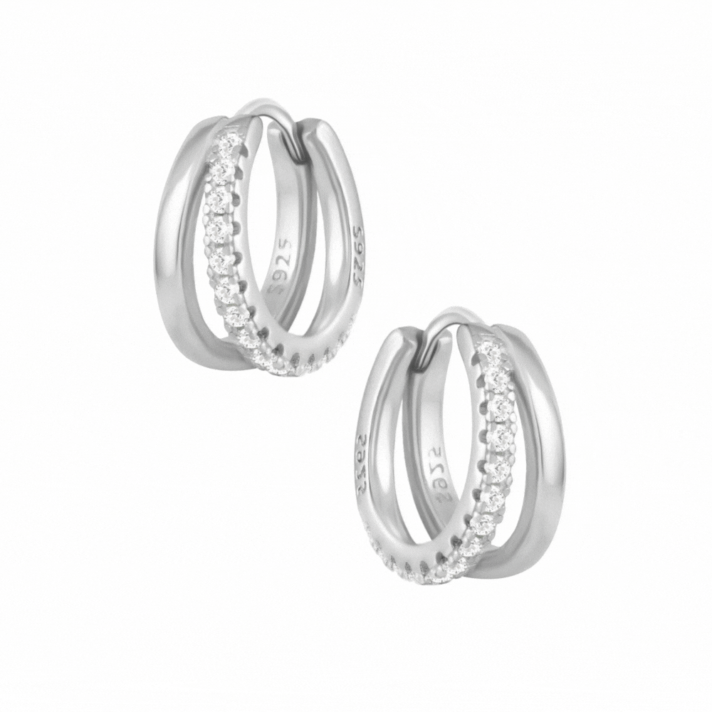 Sterling silver double hoops with cubic zirconia detailing in silver. Available in different stone colours. Adelaide hoops- Lephoria 

