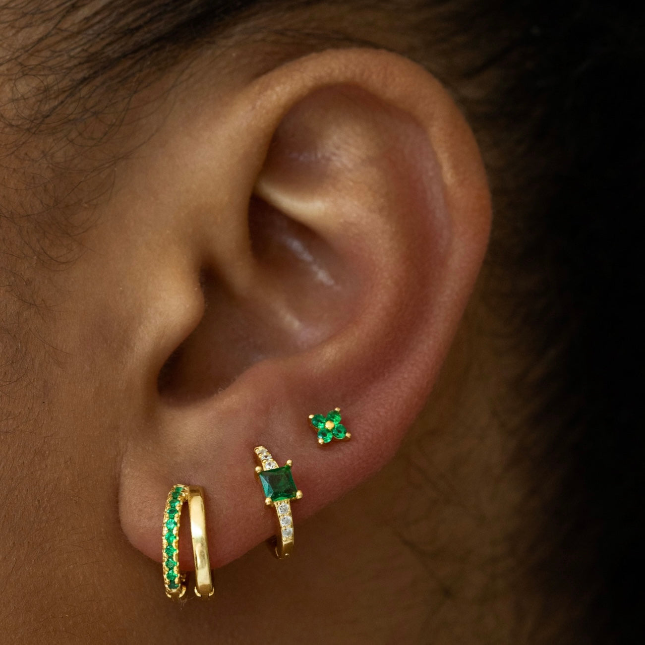 Sterling silver double hoops with cubic zirconia detailing in gold and green. Adelaide hoops- Lephoria 
